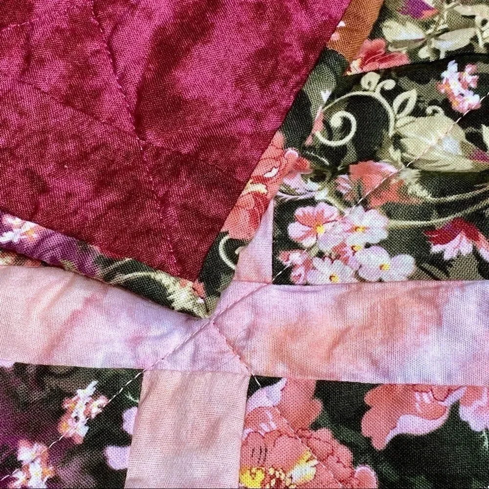 Handmade NWT floral lap quilt pink, burgundy and green size 52” X 41”